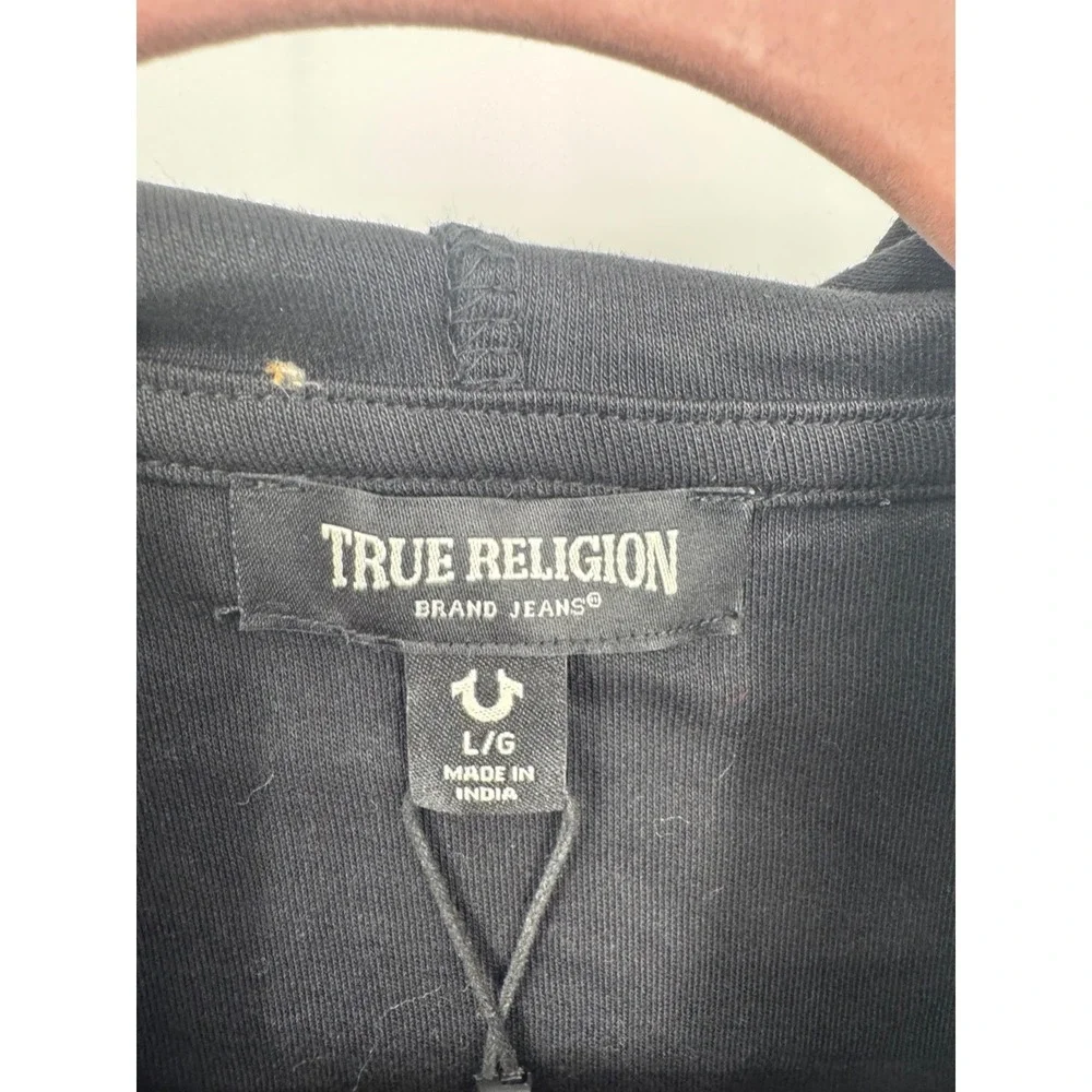NWT True Religion Flocked Logo Hooded Henley T-Shirt Shirt Men's Large Jet Black